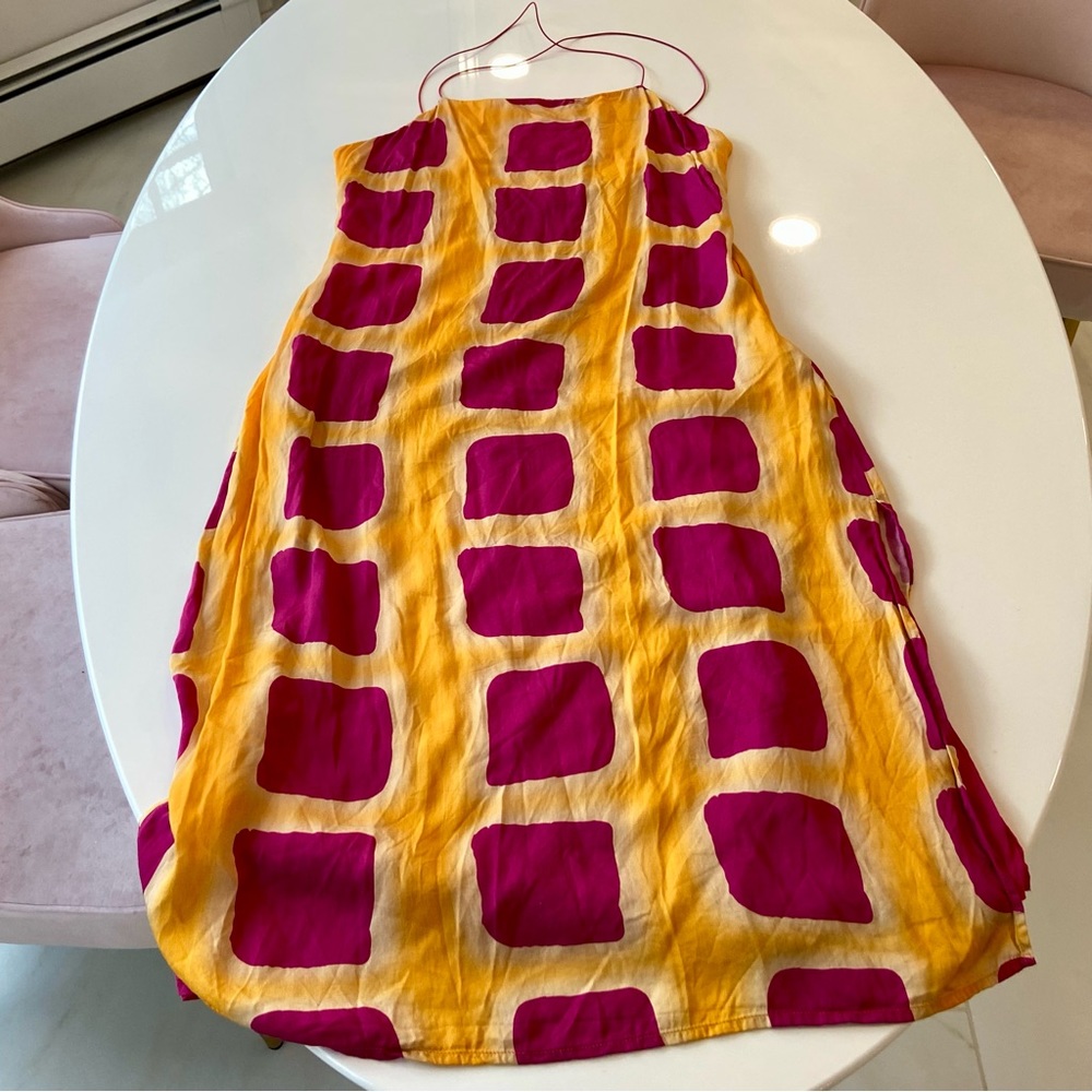 Anthropologie Pink and Yellow Square-Print Midi Slip Dress - Picture 5 of 15